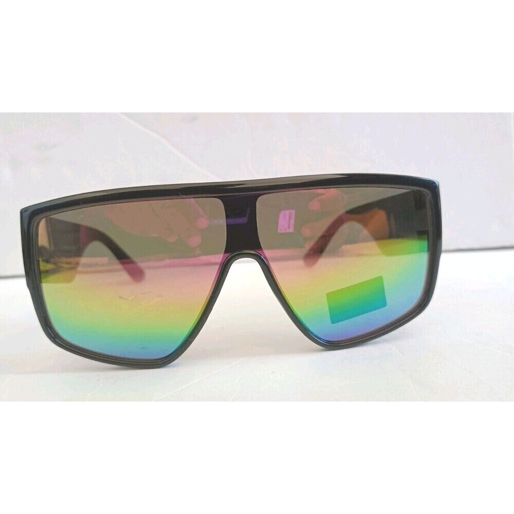 80s Futuristic Sunglasses Robotic Shield Sport Horn Rim Rainbow Lens Unisex